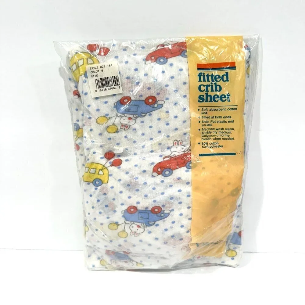 NIP Vintage Carters Cotton Primary Colors Bunnies Cars Fitted Crib Sheet